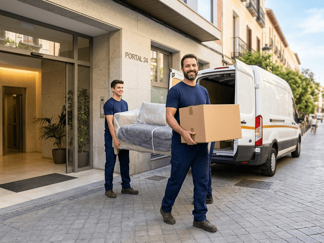 Equipo de Mudanzas Capital cargando cajas y un sofá embalado desde un portal de Madrid hacia la furgoneta de la empresa